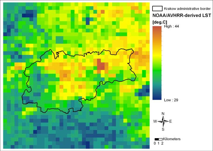 RESULTS LST maps NOAA/AVHRR-derived and LANDSAT/TM-derived LST maps (Fig. 3 and Fig. 4) shows similar thermal contrast within the study area (Krakow and its surroundings).