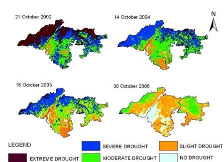 In the year 2004 Udaipur was affected by one drought event of 1-month duration in the month of June with SPI value -1.53.