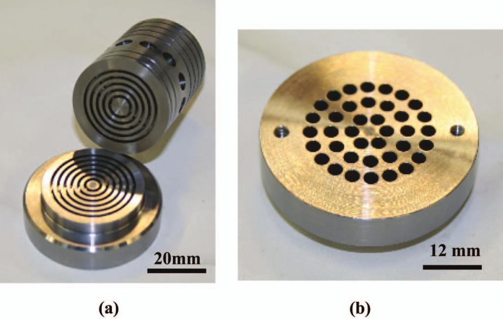 Piezoelectric Actuation/High Bandwidth Valve [1797]/35 Figure 3. (a) Image of annular grooves on the Hörbiger plate (b) Image of the underside of the bottom stationary plate showing supply holes.