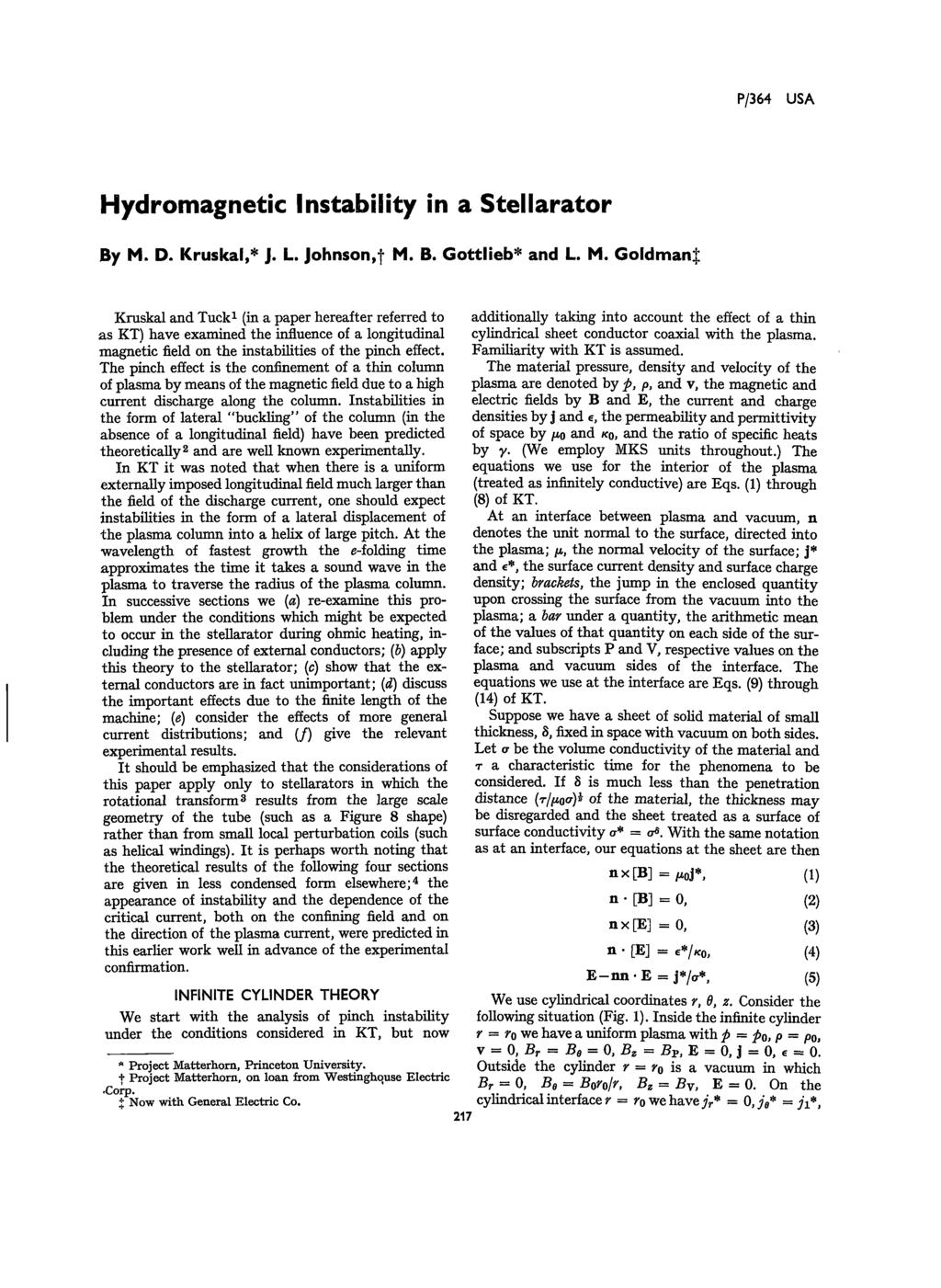 P/364 USA Hydromagnetic Instability in a Stellarator By M.