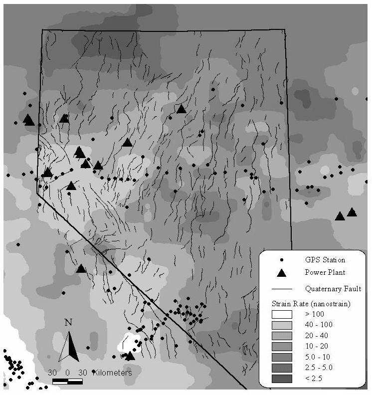 Figure 1. Map of the magnitude of strain rates in the Great Basin study area (Nevada border shown for reference) based on site velocity data from GPS stations shown.