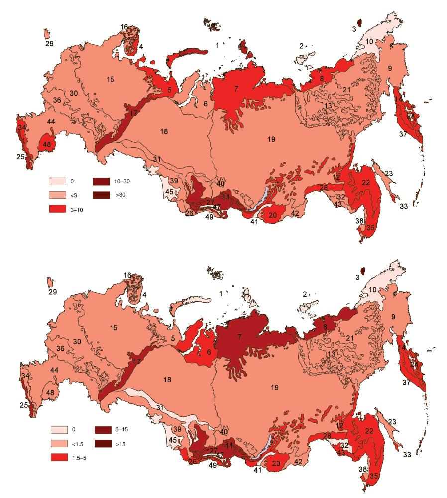 Fig. 7. RELATIVE AREA OF ALL PAS (TOP) AND ZAPOVEDNIKS (BOTTOM) IN WWF ECOREGIONS IN RUSSIA (%).