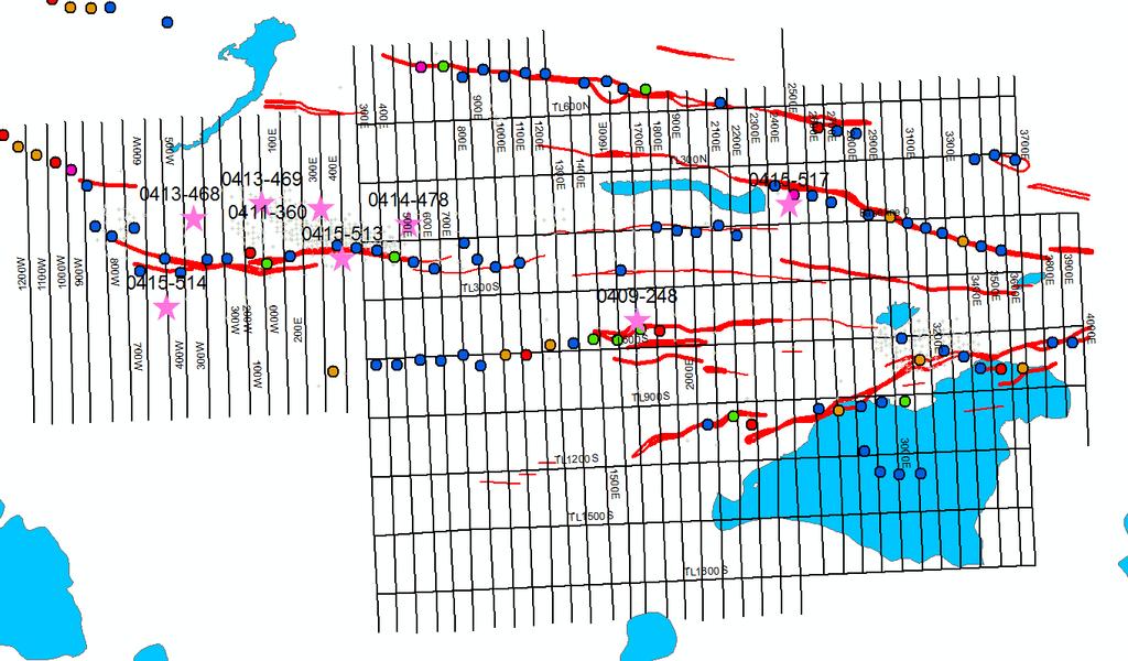Figure 1: Location of drill holes surveyed with BHEM (shown by pink stars) and compilation of all airborne and surface EM conductor traces - Max Min conductors (red lines), AeroTEM anomaly picks