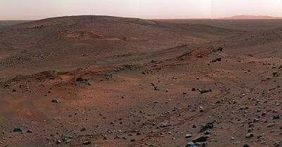 Panorama of Gusev crater, where Spirit rover examined volcanic basalts The shield volcano, Olympus Mons (Mount Olympus), at 27 km is the highest known mountain in the Solar System.