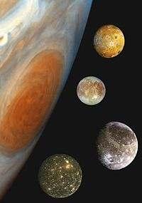 Montage of Jupiter's four Galilean moons, in a composite image comparing their sizes and the size of Jupiter. From top to bottom: Io, Europa, Ganymede and Callisto.
