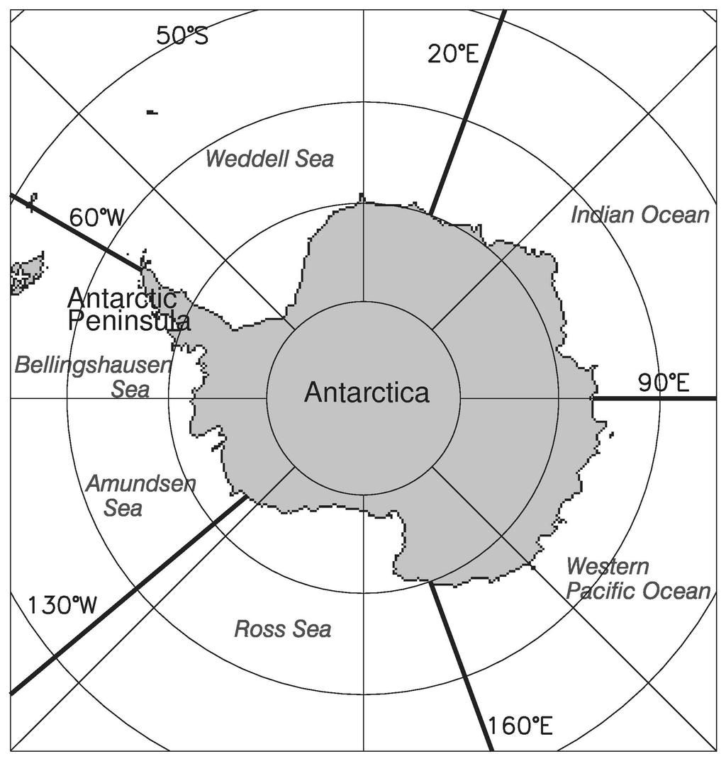 C. L. Parkinson and D. J. Cavalieri: Antarctic sea ice variability and trends, 1979 2010 873 Fig. 2. Location map, including the identification of the five regions used for the sea ice analyses.