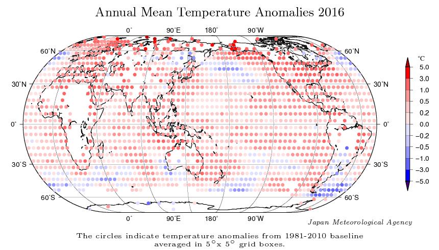 Fig. 2.2-2 Annual mean temperature anomalies in 2016 The circles indicate anomalies of surface temperature averaged in 5 x 5 grid boxes. Anomalies are deviations from the 1981 2010 average. 2.2.2 Regional climate Annual mean temperatures were above normal in many parts of the world and below normal in the southwestern part of Eastern Siberia and in northern Argentina (Fig.