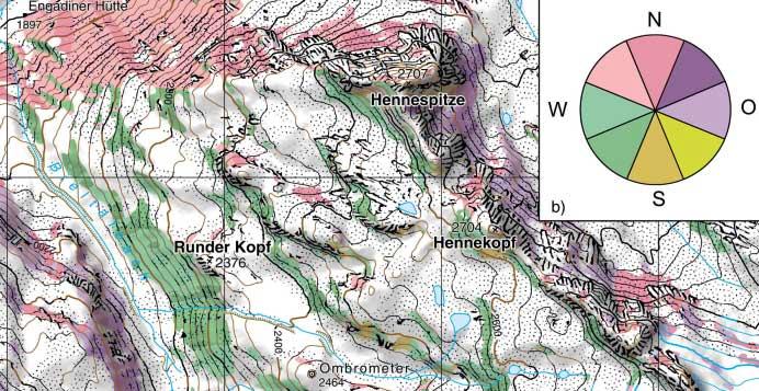 Figure 5. Avalanche hazard map for skiers and mountaineers 1:30.000 Figure 5 shows an avalanche hazard map for skiers and mountaineers based on the topographic map 1:30.000 described in figure 4.