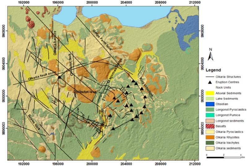 Figure 2: Surface geology and the structures in the Olkaria geothermal field (Clarke et al., 1990; Munyiri, 2015). 3.