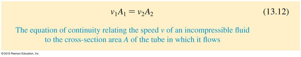 The Equation of Continuity Dividing both sides of the previous equation by Δt gives the equation of continuity: The volume of an incompressible fluid entering one part of a tube