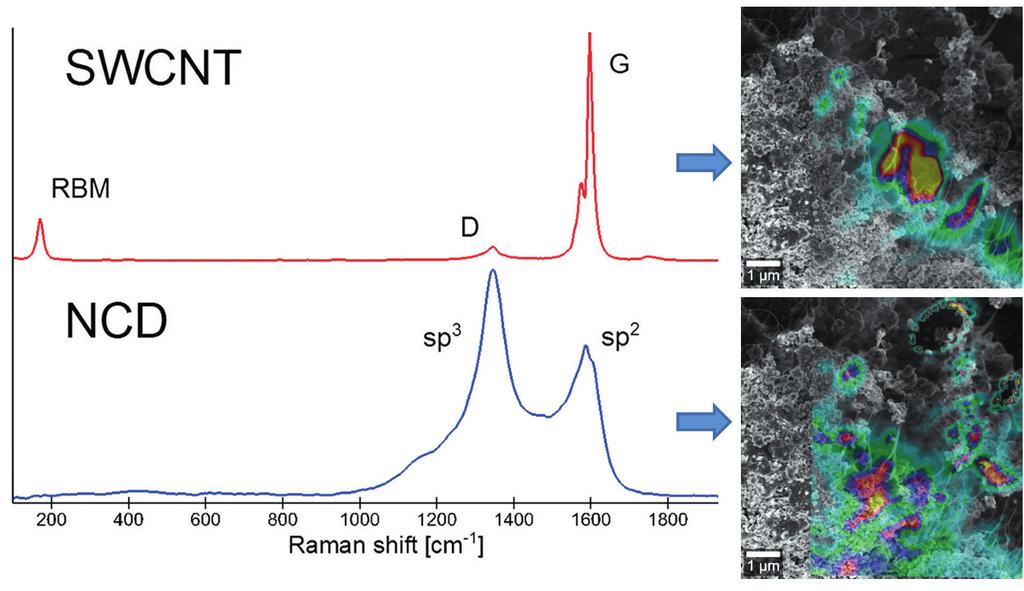 Imaging Carbon materials with correlative Raman-SEM microscopy Application Example Combined sample with NCD and SWCNTs State-of-the-art materials can be comprised of a mixture of different components