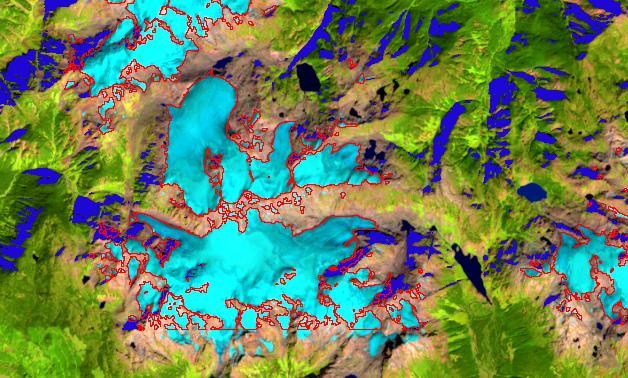 Updating Glacier Polygons Garibaldi Provincial Park Uncertainty due to late lying snow, shadows (highlighted in blue) and debris cover - Often needs statement of % uncertainty or ± margin e.g. area = 12.