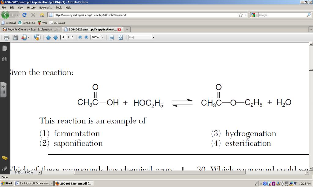 polymerization reaction (4) a substitution reaction 5. Given the balanced equation with an unknown compound represented by X: Which compound is represented by X?