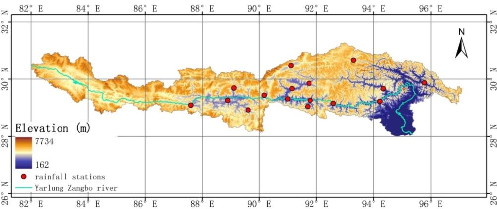2. Study Area Figure 1. Topography and locations of rainfall stations in Yarlung Zangbo river basin.