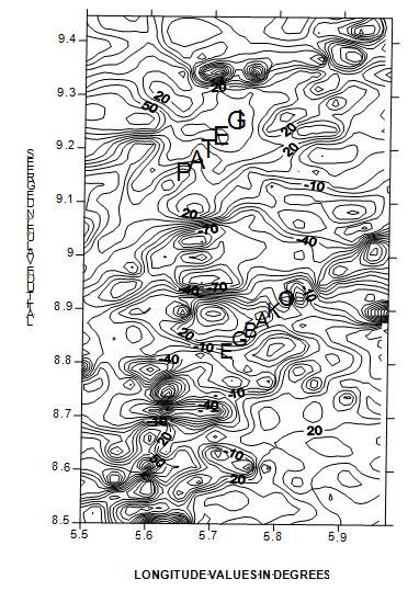 FIG 3: RESIDUAL MAGNETIC MAP OF PATEGI AND EGBAKO AREA CONTOURED AT AN INTERVAL OF 10nT SPECTRAL ANALYSIS Limiting depth is the most important parameter derived by direct interpretation and thus may