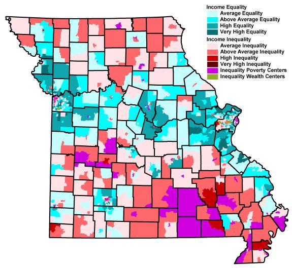 Income Inequality in Missouri by Census Tract, 2000. Gini coefficients z-normalized to Missouri mean. Average defined as 0.0-0.5 standard deviations around the mean. Above Average defined as 0.5-1.