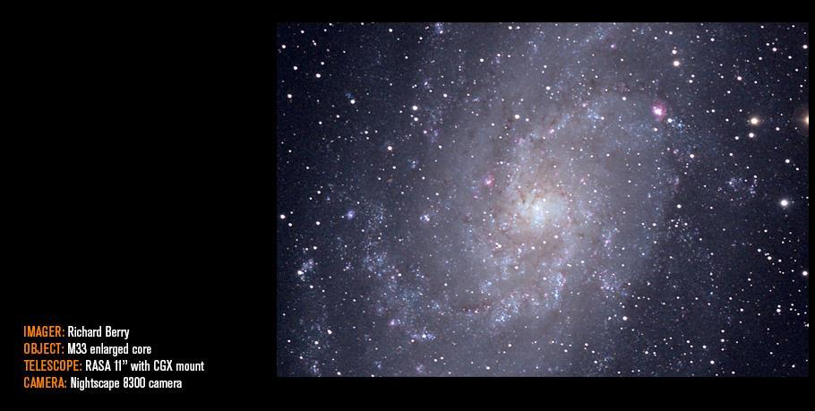 from hibernation. Go to M33. The CGX slewed and settled on the spiral galaxy. I checked focus in the RASA, set the guider to guiding, and began the night s imaging.