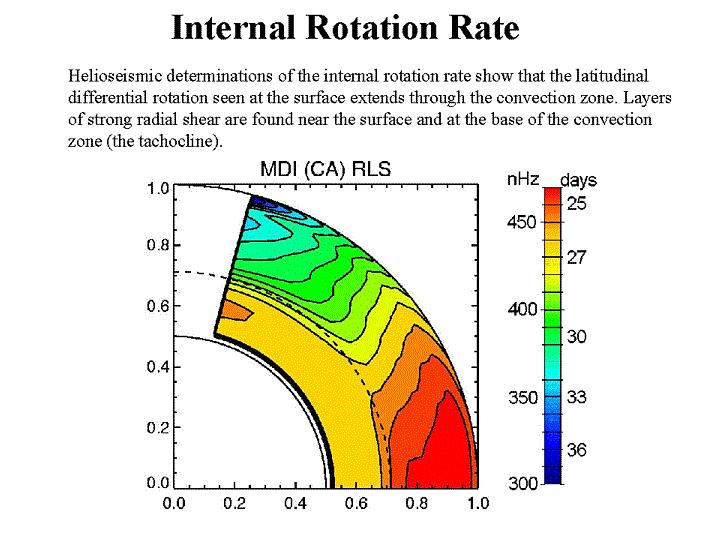 Radiative zone: rigid rotation Convective zone: differential rotation Thin shear layer under the surface Bottom of convective zone Time-averaged Ω(r,θ) rotational profiles as deduced from inversions