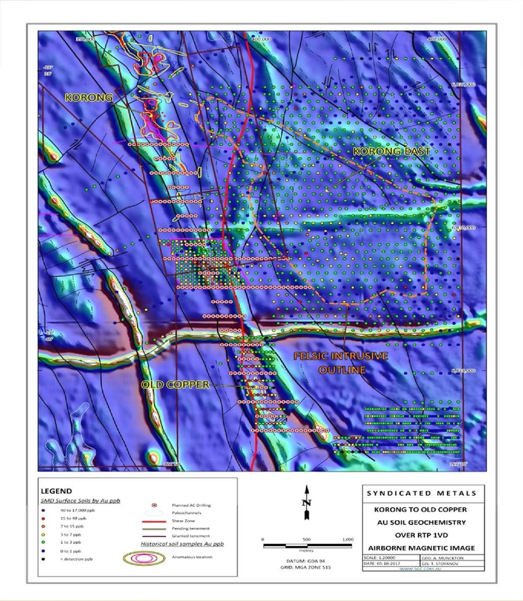 Korong to Old Copper Soil sampling indicates mineralised corridor 4km long, containing multiple zones of elevated gold hosted in the Korong Ultramafic unit (KUU) N S oriented Korong Shear Zone (KSZ)