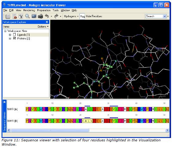 Sequence Viewer: (se activeaza din "Tools" sau "Window"): permite inspectarea rezidurilor proteinei.