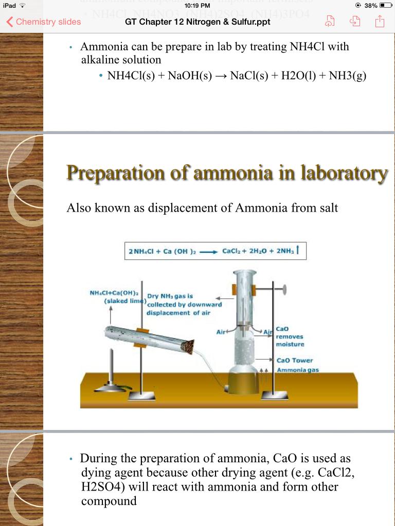 3) i. Ammonia reacts with acids to form ammonium salts. For example, the reaction between ammonia and hydrogen chloride, HCl gas: NH3(g) + HCl(g) NH4+Cl ii.