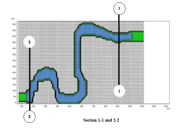 between the flow channel and embankment observed from the digitized images of Nona River. Figure 3. Simulation of vulnerable section in MIKE 21C. Table 1. Vulnerability index of various points.