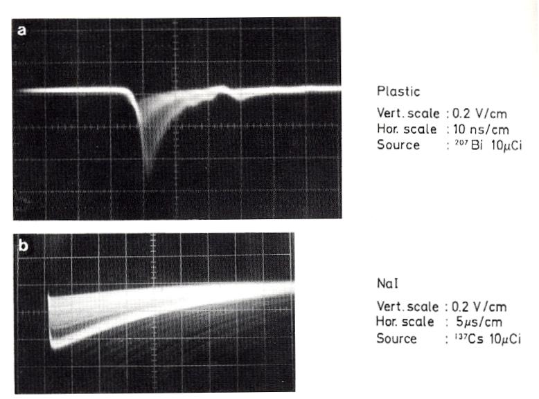 Oscilloscope traces from scintillation counters Plastic scintillator 10 nsec / division