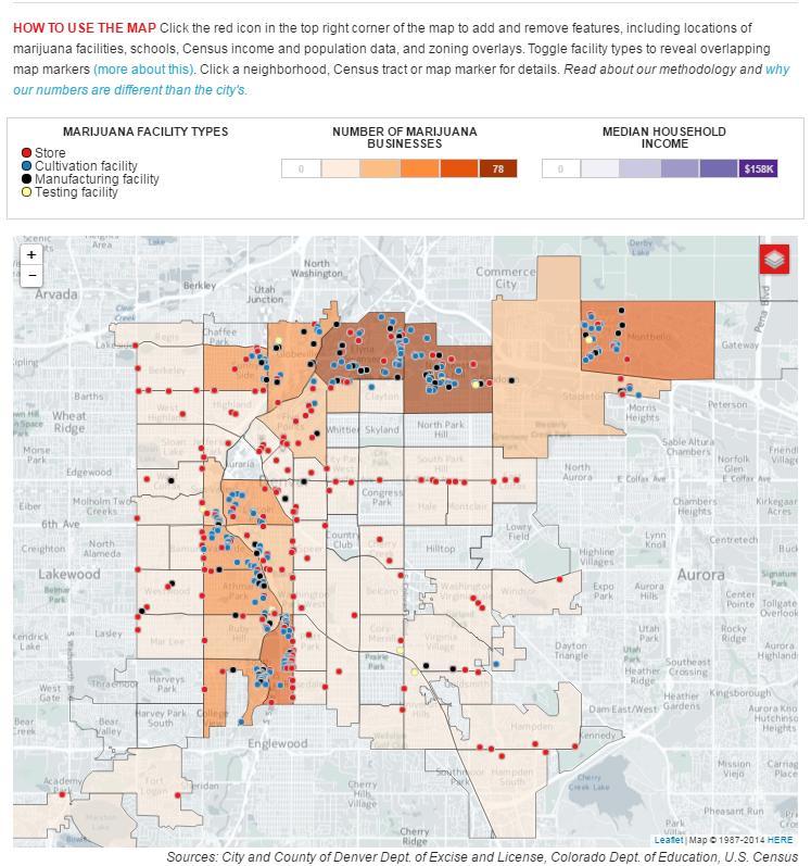 Hot Topic Maps Marijuana in Denver: Map of pot-related businesses by neighborhood with income data, school locations: (Denver