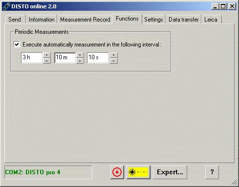 The Page "Functions" Here it can be adjusted whether and in which time interval DISTO online cause measurements. This can be used for monitoring functions.