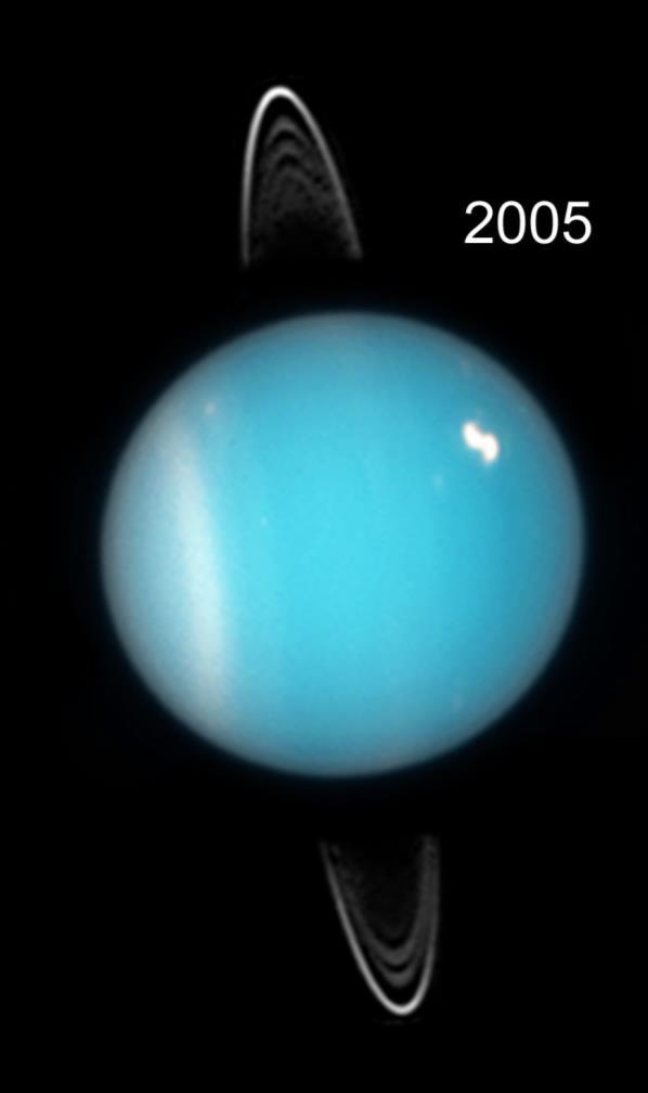 Uranus Bluish color is a result of methane in the atmosphere (absorbs red and green light) One revolution takes ~84 years Cloud top