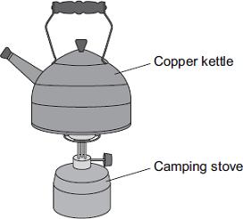 Q2. The picture shows a copper kettle being heated on a camping stove.