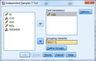 S P S S G u i d e F o r M M I 4 0 9 P a g e 4 T Test 2 Independent Samples T-test 1) Setup Data 2) Compare Means -> Independent Samples T Test 3) Select Test Variable 4) Select Grouping Variable 5)