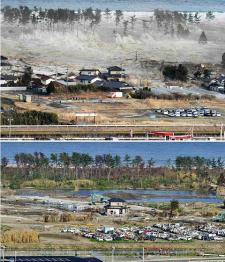 Slide 4 Tsunami Before and After Community in Japan before (above) and after(below) the Feb 2011 tsunami This slide shows an area in Japan during and after the tsunami.