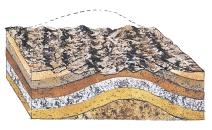 Sedimentary rocks are deposited originally as horizontal layers. The horizontal rock layers are tilted as forces within Earth deform them. The tilted layers erode.