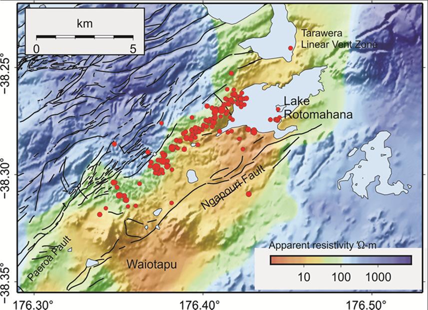 Rotorua - Waimangu Relocated seismicity (mag >2 over 7 years) highlighted blind active
