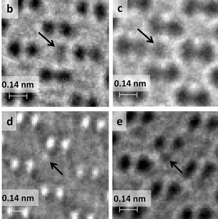 acquisition time Magnified areas where an interstitial atom is observed, b and c In T