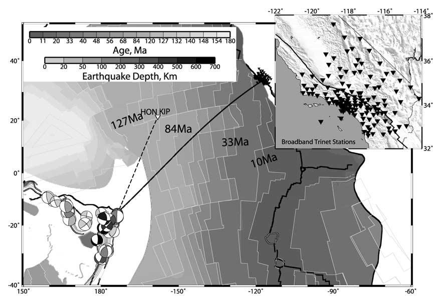 Figure 1. Source-receiver geometry on a seafloor age map. The source mechanisms are from Harvard CMT solutions and color coded in depth. Blow up is the broadband TriNet array in southern California.