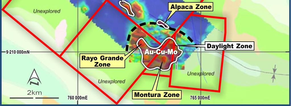 There is approximately a six square kilometre area displaying various styles of alteration and mineralization that coincides with a broad, semi-circular magnetic feature over two kilometres in