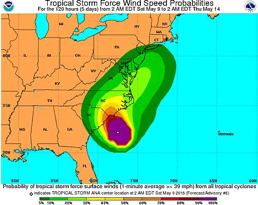 EDT) Located 100 miles SE of Myrtle Beach, SC Moving NNW at 5 mph; A turn toward the northwest with an increase in forward speed is expected today as Ana continues to approach the coastline