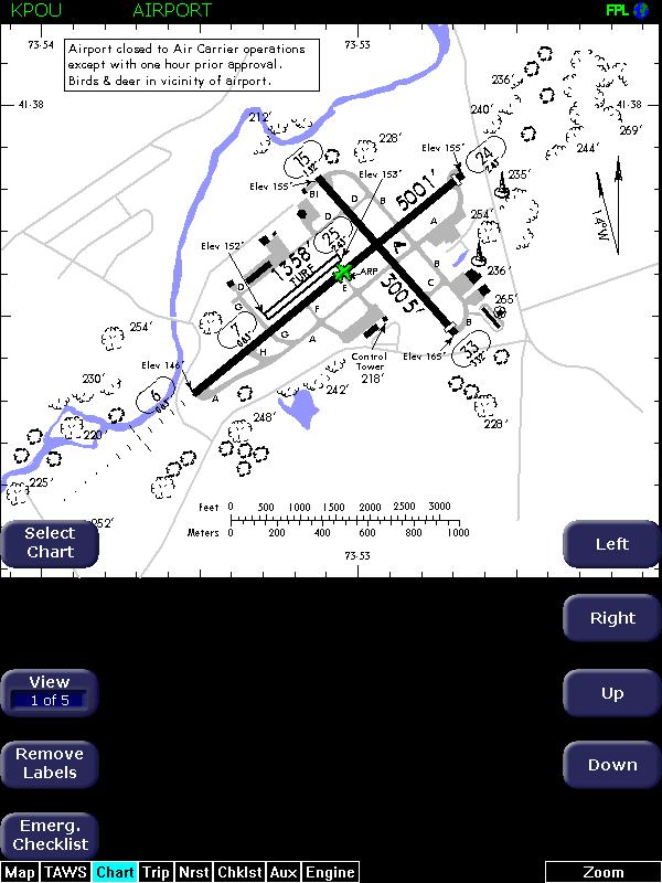 CMax Chart Pages (Optional) The Chart Page shows the airport diagram of the current airport, with ownship symbol for current aircraft position, if the airport diagram is geo-referenced.