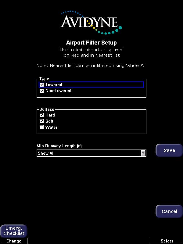 Airport Filter Setup Page 8.2 Airport Filter Setup Page The Airport Filter Setup Page allows you to set criteria for nearest airport searches of the database.