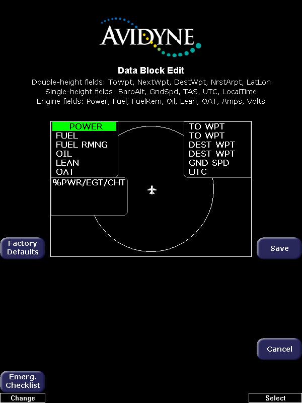 Data Block Edit Page 8.4 Data Block Edit Page Data blocks in the upper corners of the Map Page can be edited to display information from a list of available data types.