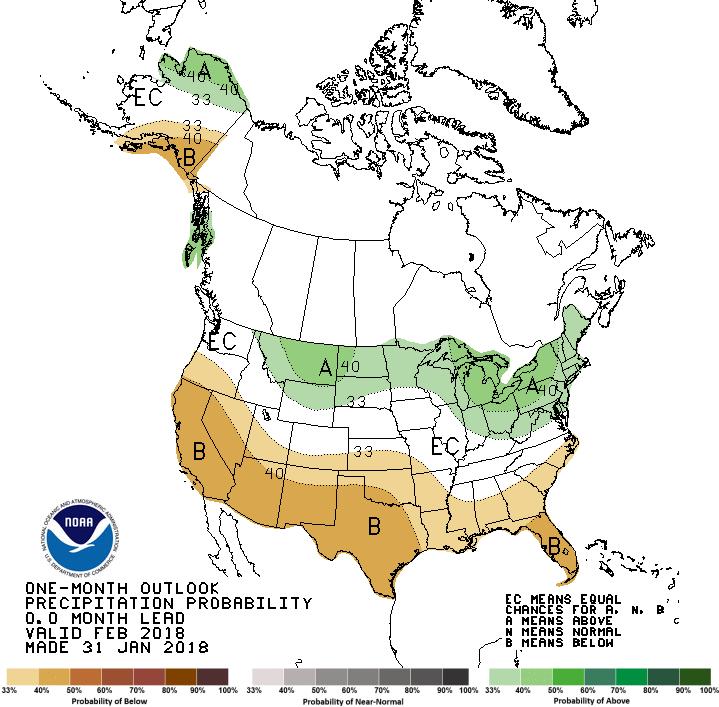 The February outlook has a slight chance for drier than normal conditions in the southern half the state, and equal chances for above or below normal precipitation in the rest of