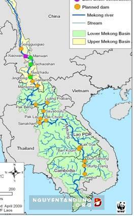 Figure 6. Chain of hydropower plants system on the Mekong mainstream (location, dam height, water column, and sedimentation factor).