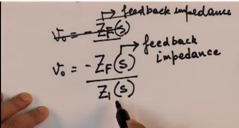 Because for an opamp V0 is given by -ZF this ZF is also known as the feedback impedance by the feedback impedance that is why we use the subscript F, let me write it correctly now depending what we