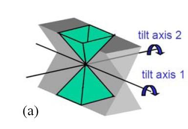 Resolution, sources of artifacts reduction of missing edge (from wedge to pyramid) for a dual axis tilt series Sources of arrows: missing edge tilting angle is limited by shadowing of the