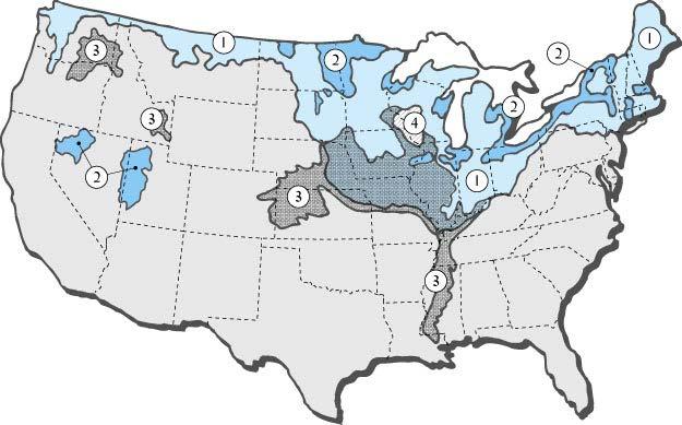 Areas in the United States covered by the continental ice sheet and the deposits either directly from, or associated with, the glacial ice.