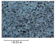 103. In the basalt sample depicted below, the vesicles (small spherical cavities) most likely formed by.