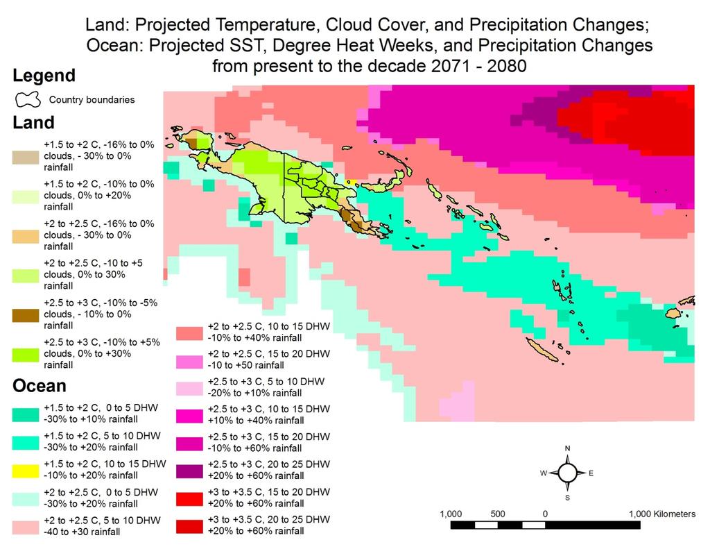 Figure 5. Projected changes from the present decade to 2071-2080. Vanuatu By the end of the decade the islands of Vanuatu are projected to see overall average land surface temperatures rise between 1.