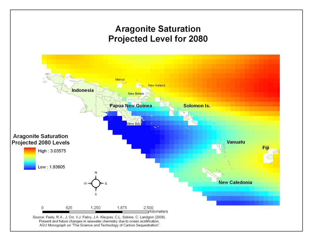 Figure 6. Projected aragonite saturation levels for 2080. New Caledonia By the end of the decade New Caledonia is projected to see overall average land surface temperatures rise between 2 and 2.